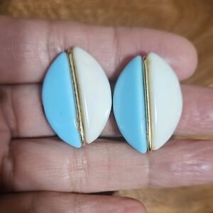 Vintage Milk Glass Earrings In Baby Blue and White Signed Western Germany